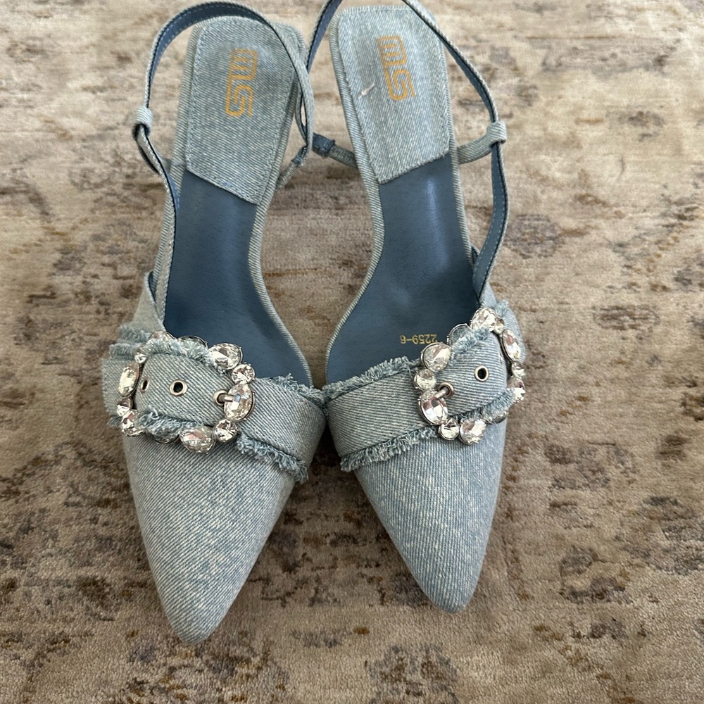 MS Shoe Designs Light Blue Denim Heels with Crystal Accents